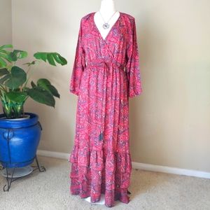 Chaudry - Boho Maxi Slight high-low Peasant Floral Paisley Ruffle Dress  Size L